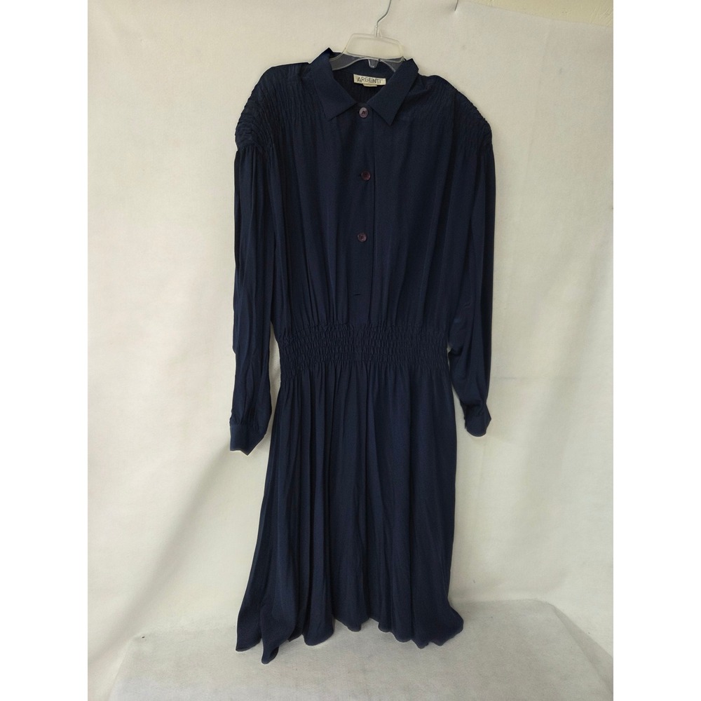 Argenti Vintage 100% Pure Silk Smocked Waist Midi Dress Navy Blue Size 12